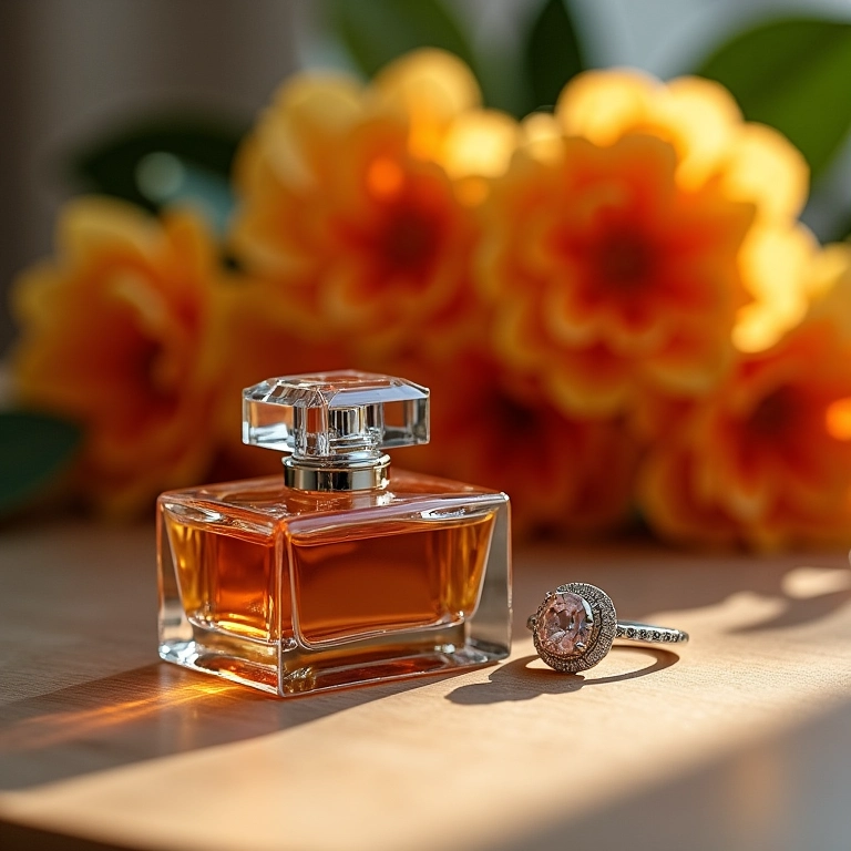 Produtos para um First Look perfeito: alianças, perfume, flores.