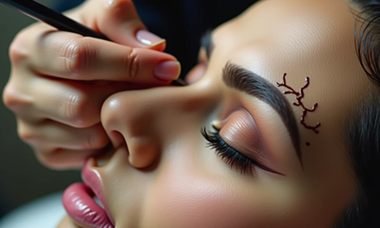 Profissional aplicando técnica de design de sobrancelhas em cliente.