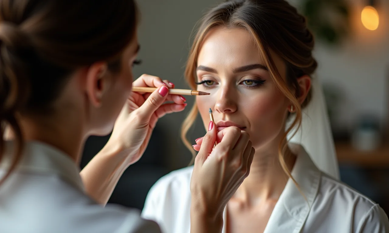 Profissional de beleza maquiando uma noiva em estúdio.