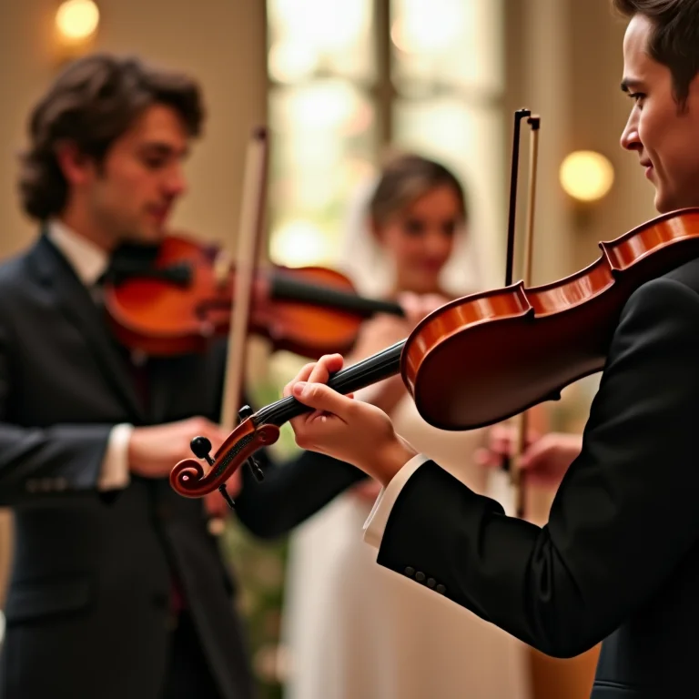 Quarteto de cordas tocando música emocionante em casamento de luxo.