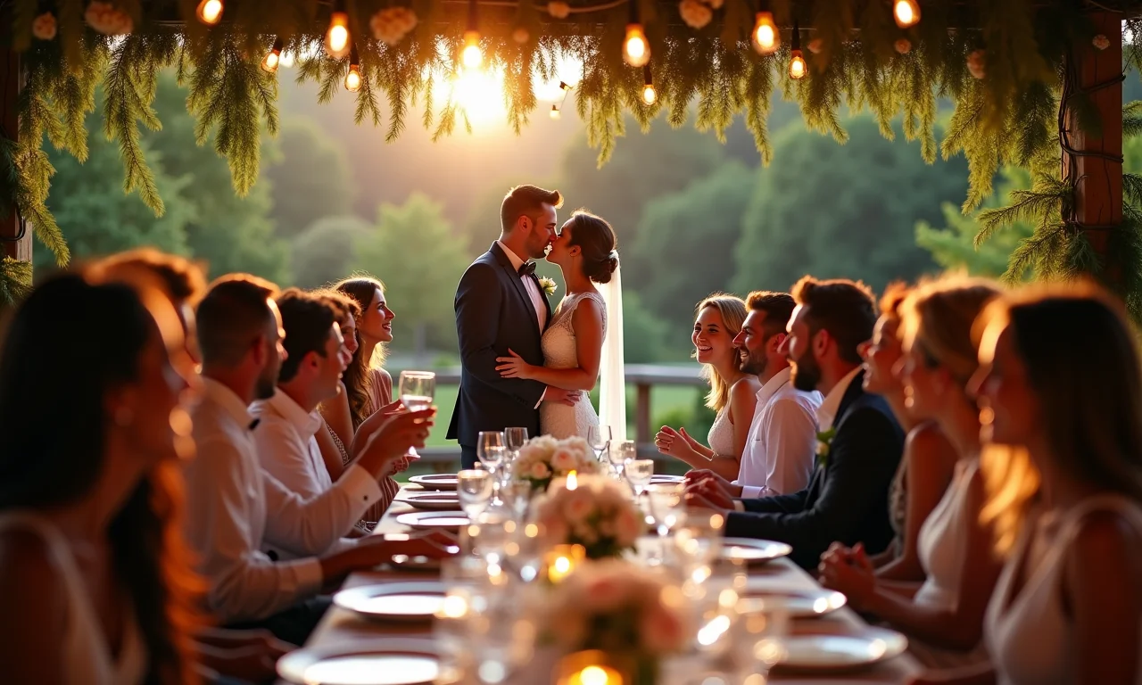Recepção de casamento ao ar livre com decoração rústica e amigos celebrando.