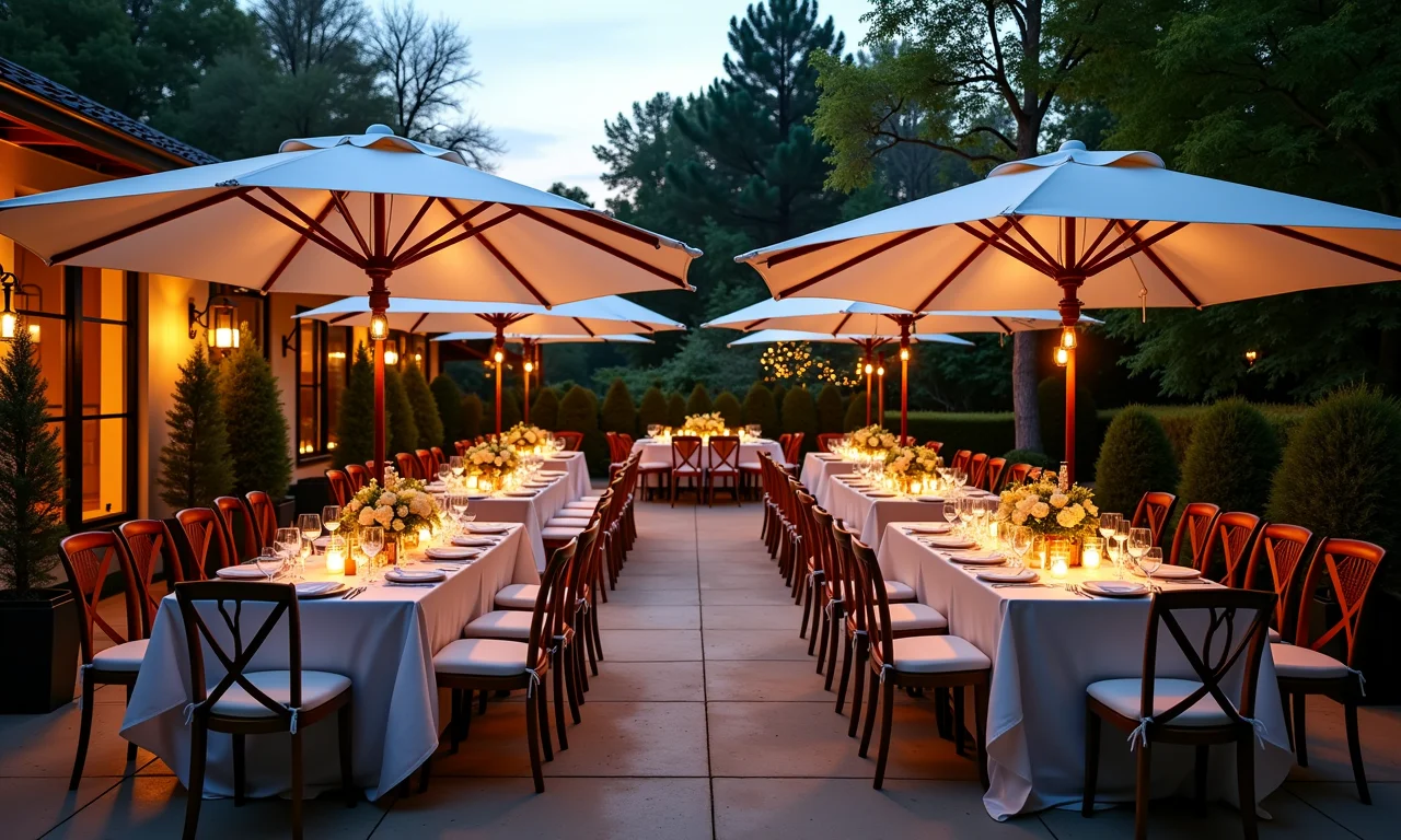 Recepção de casamento ao ar livre com ombrelones.