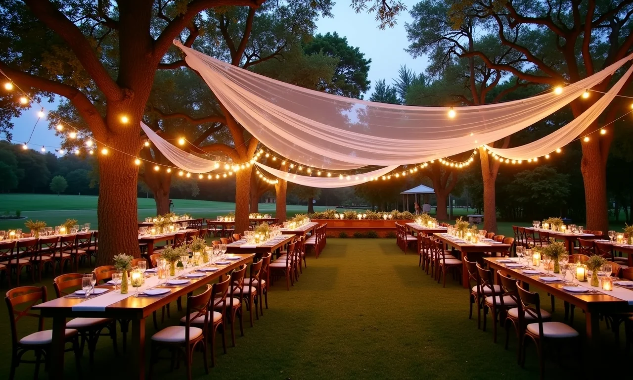Recepção de casamento ao ar livre decorada criativamente com voal.