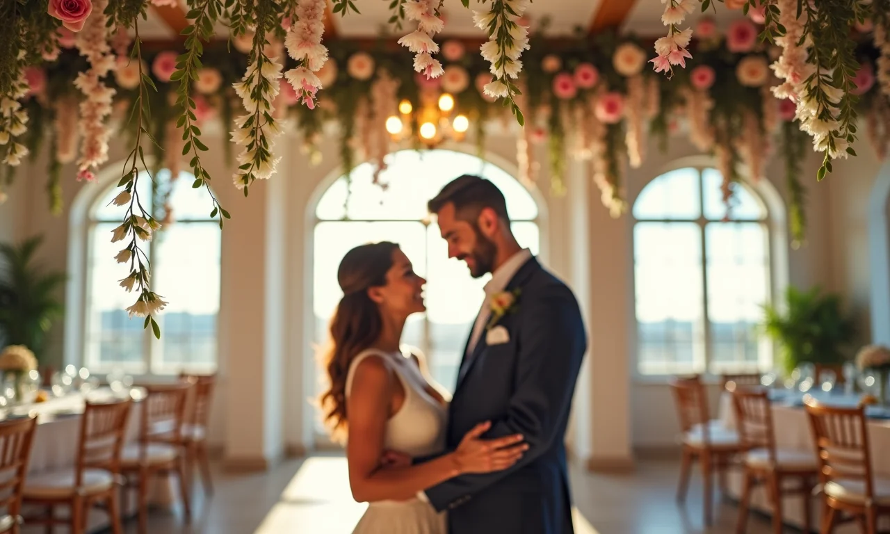 Recepção de casamento com decoração aérea de flores suspensas.