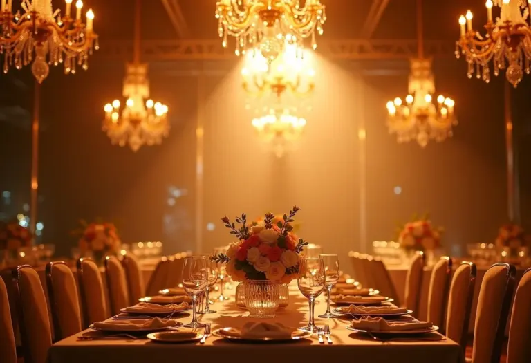 Recepção de casamento de luxo com lustres de cristal