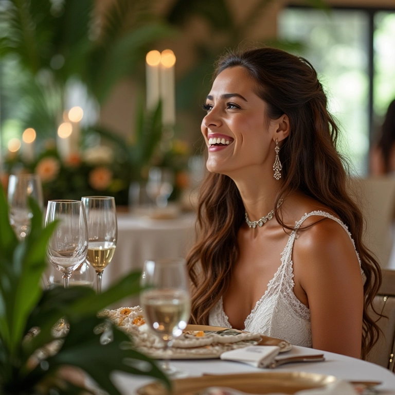 Recepção de casamento elegante com decoração de Costela de Adão e noiva sorrindo.