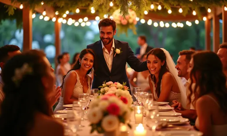 Recepção de casamento elegante em estilo 'Farm Rio' brasileiro com flores vibrantes e iluminação acolhedora.