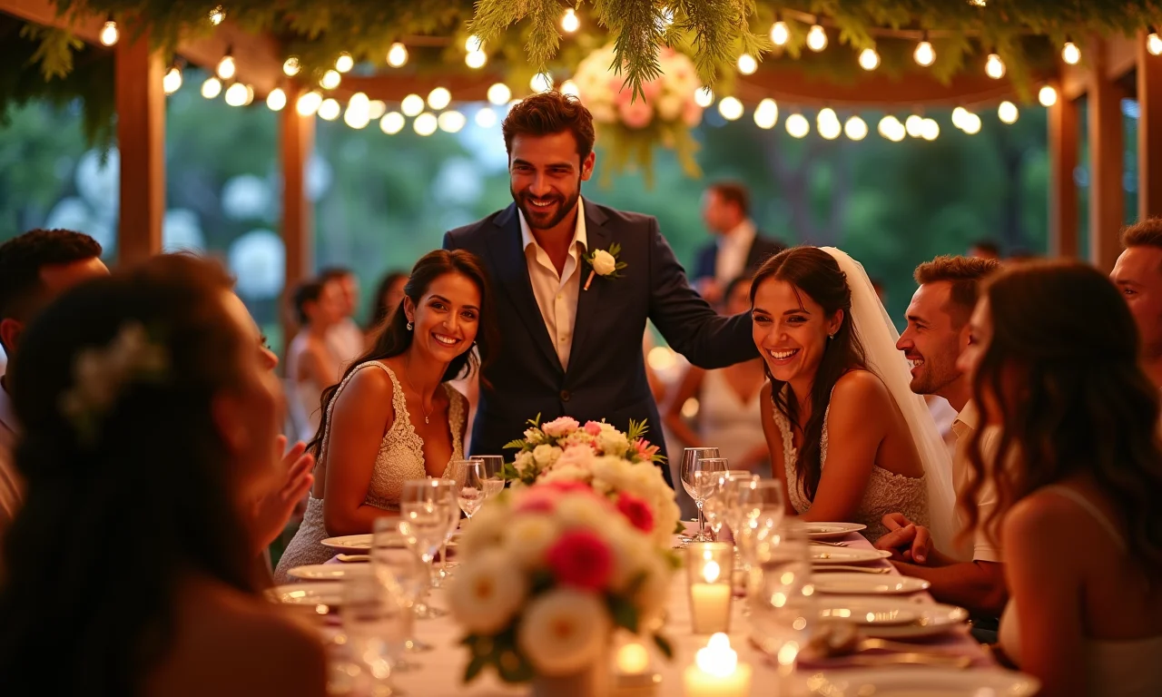 Recepção de casamento elegante em estilo 'Farm Rio' brasileiro com flores vibrantes e iluminação acolhedora.
