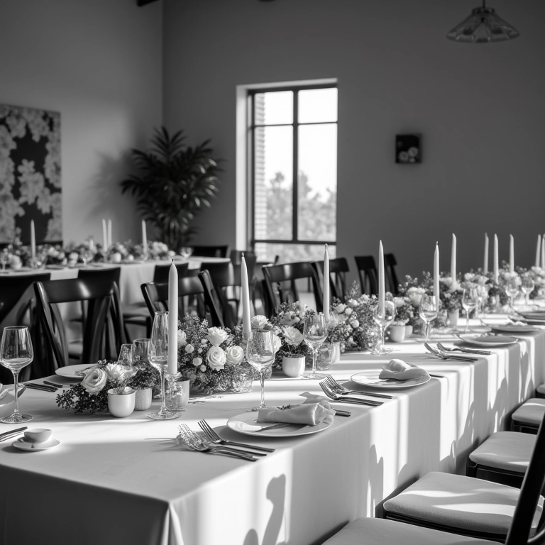 Recepção de casamento elegante em preto e branco com decoração minimalista.