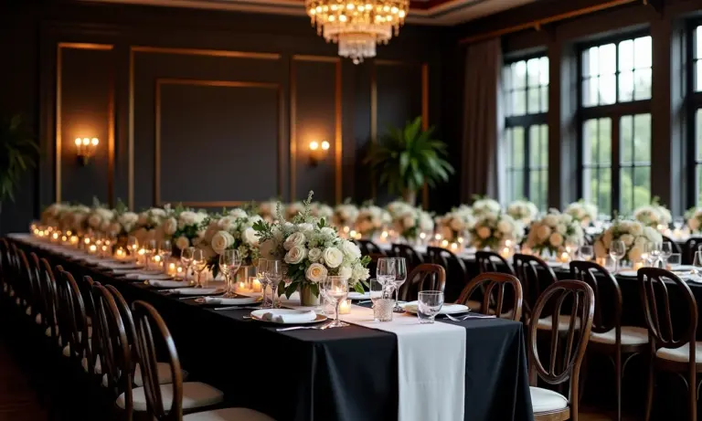 Recepção de casamento elegante em preto e branco com iluminação sofisticada e arranjos florais minimalistas.
