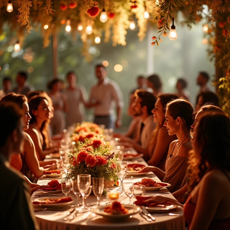 Recepção de casamento elegante no Brasil com flores vibrantes e convidados diversos.