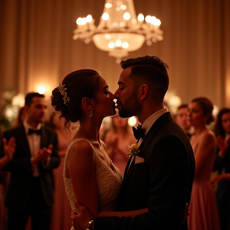 Recepção de casamento elegante sem sparkles acesos dentro do salão.