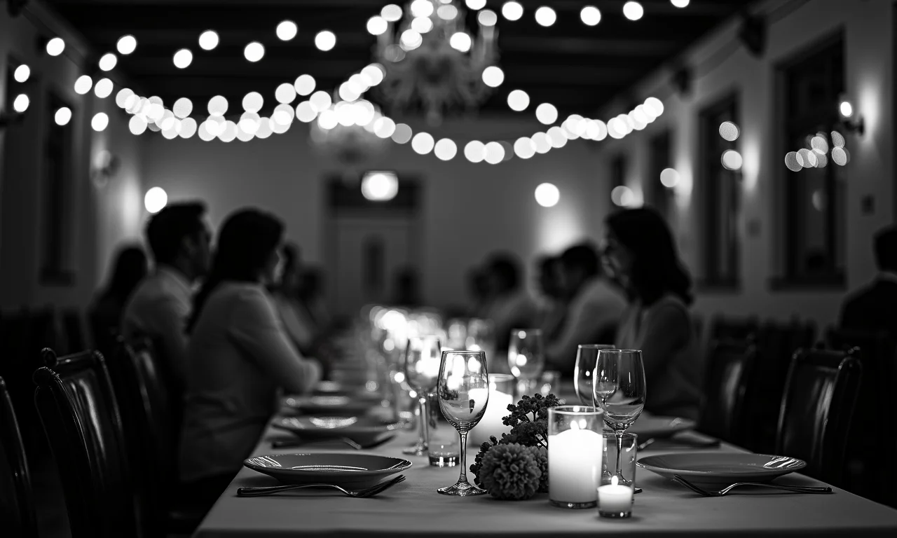 Recepção de casamento em preto e branco com iluminação aconchegante e convidativa.