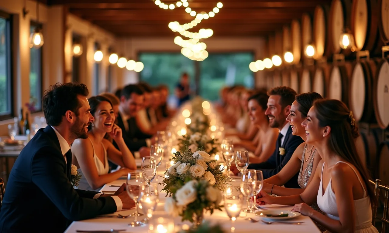 Recepção de casamento em vinícola com decoração floral.