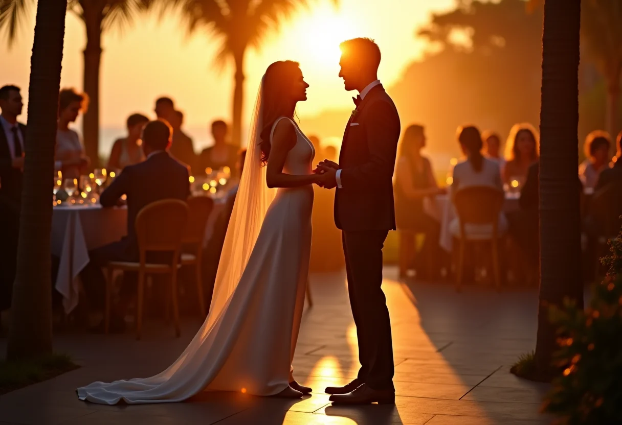 Recepção de casamento esporte fino ao pôr do sol