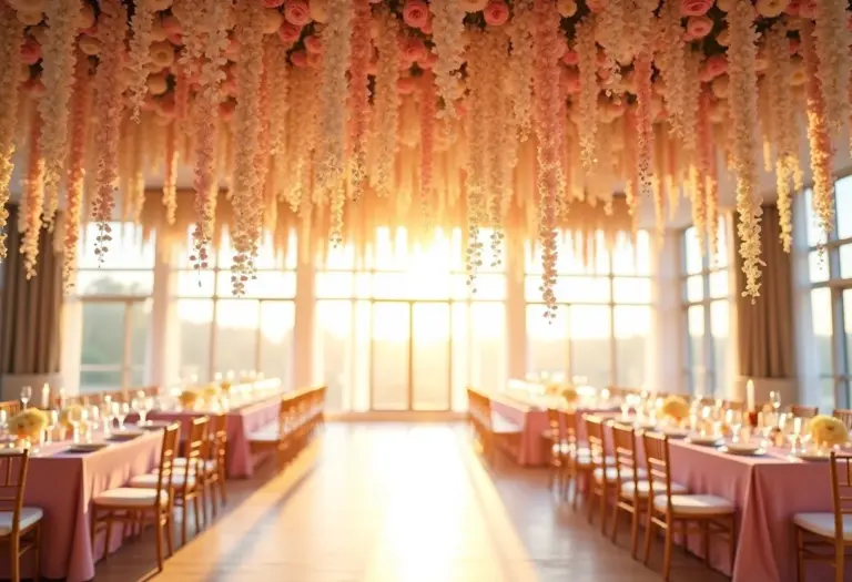 Recepção de casamento luxuosa com decoração floral exuberante