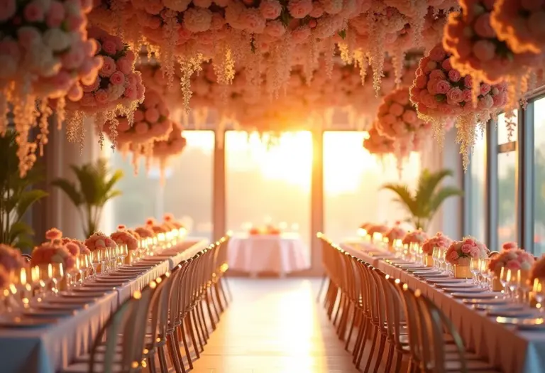 Recepção de casamento luxuosa com decoração floral exuberante.