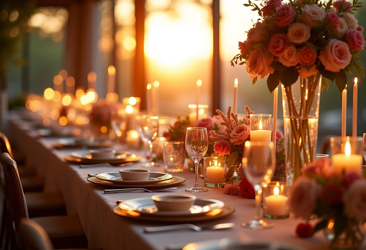 Recepção de casamento luxuosa com mesas elegantemente decoradas.