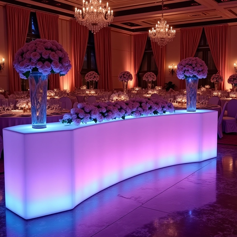 Recepção de casamento luxuosa com móveis de LED.
