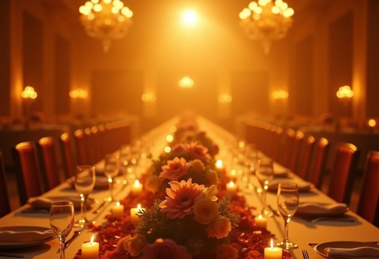 Recepção de casamento luxuosa em um salão de baile iluminado pela luz do sol.