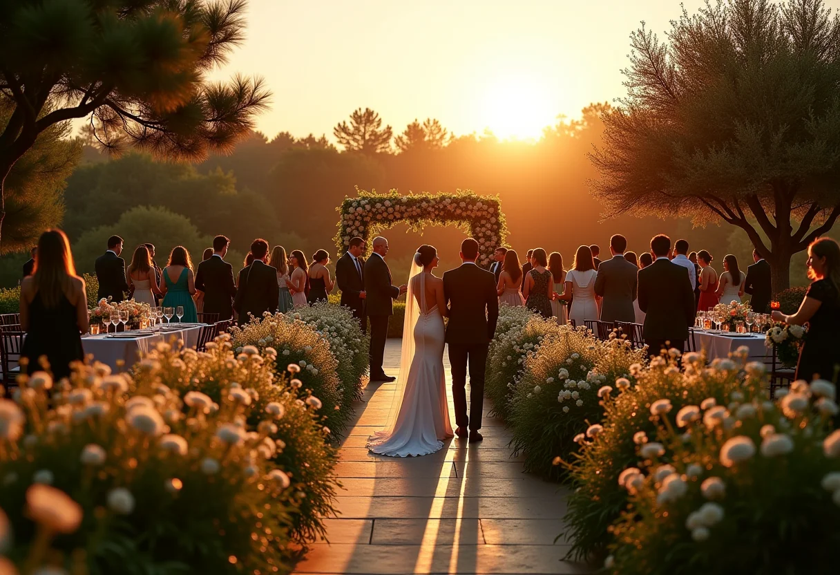 Recepção de casamento luxuoso ao ar livre com segurança discreta ao entardecer
