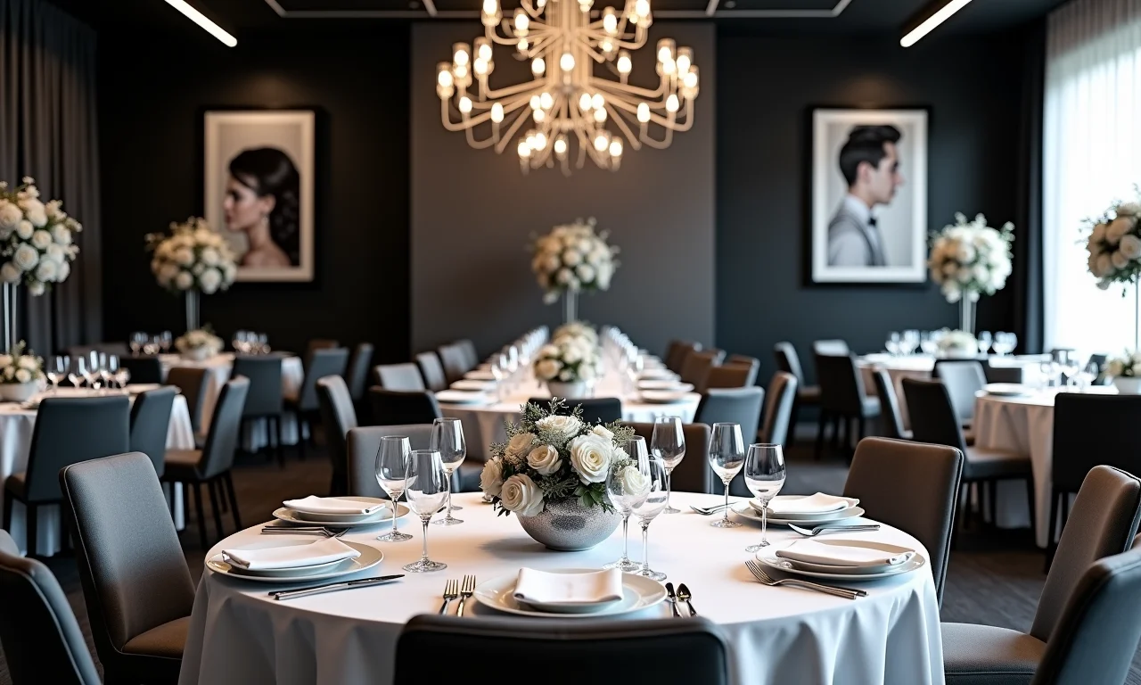 Recepção de casamento moderna em preto e branco com peças centrais geométricas e mobiliário elegante.