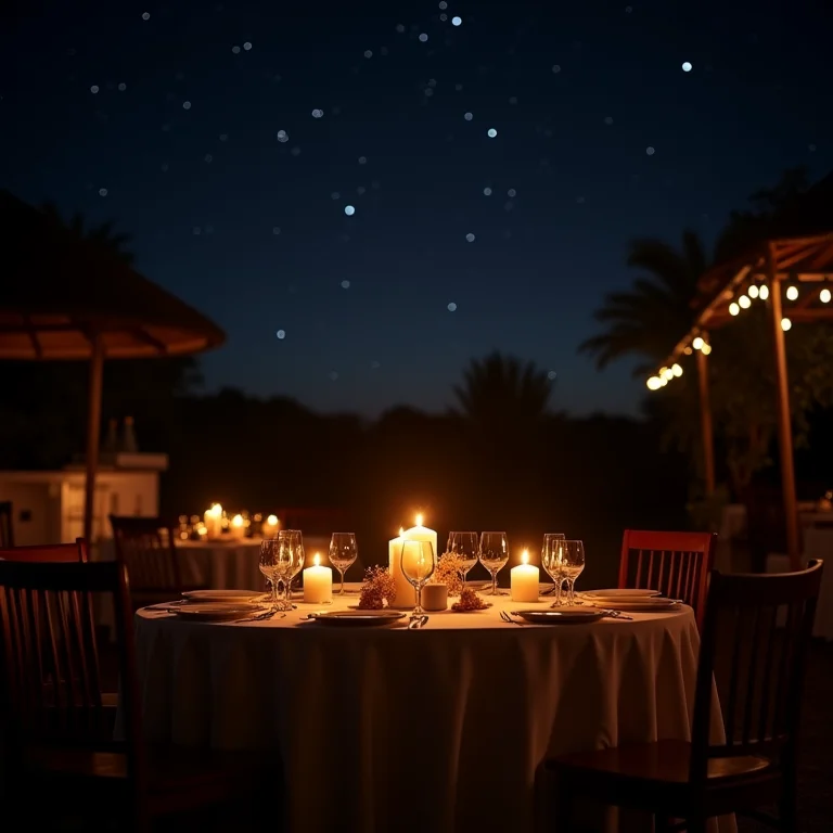 Recepção de casamento noturna sob o céu estrelado da África.