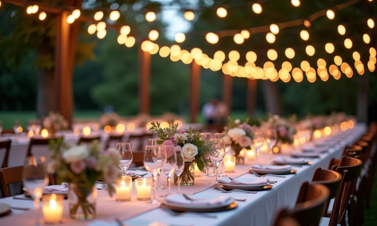 Recepção de casamento romântico ao ar livre com luzes e cores pastel.