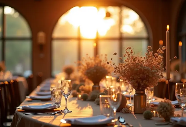 Recepção de casamento rústico chic com decoração de flores secas.