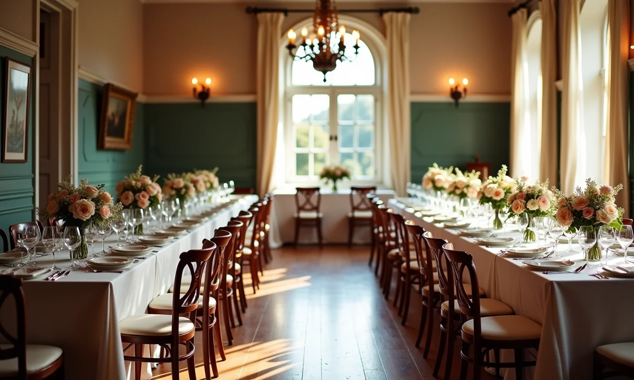 Recepção de casamento vintage elegante com decoração floral e móveis antigos.