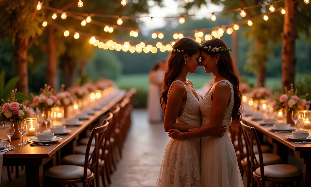 Recepção de renovação de votos com decoração vibrante e casal dançando.