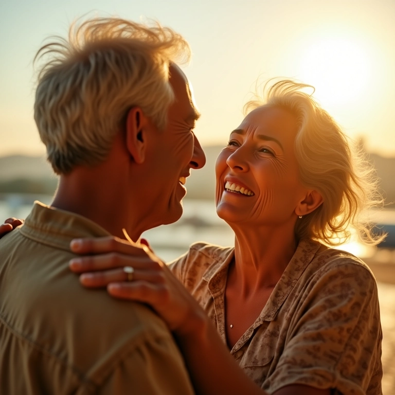 Reencontro emocionante de casal maduro em aeroporto brasileiro.