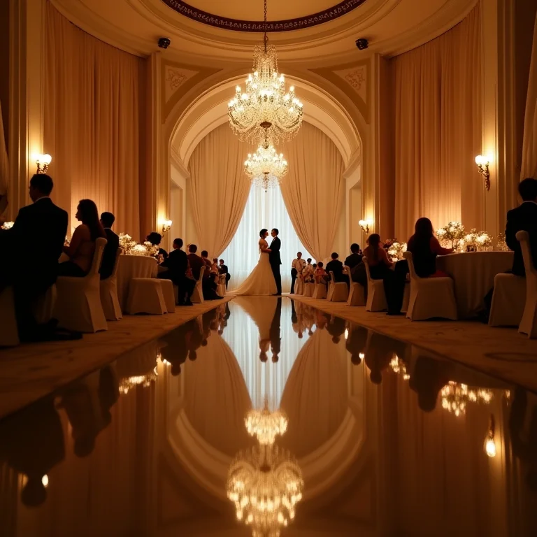 Reflexo da recepção de casamento em um espelho grande.