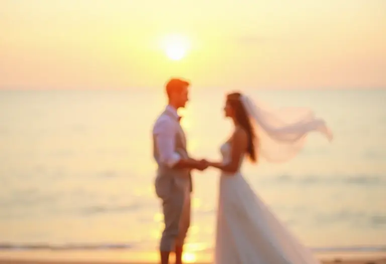 Renovação de votos em praia paradisíaca ao pôr do sol.