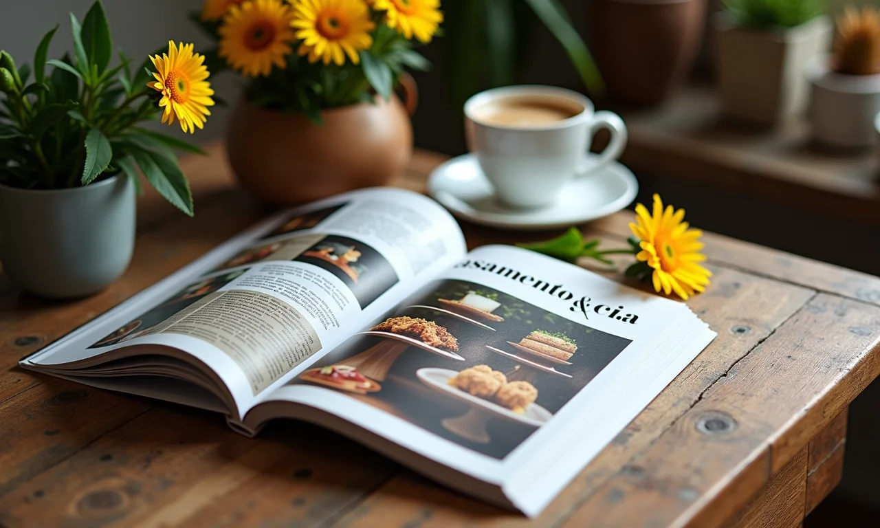 Revista Casamento & Cia aberta em mesa de madeira.