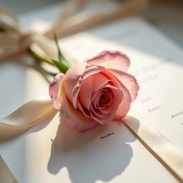 Rosa presa a um convite de casamento com uma fita.
