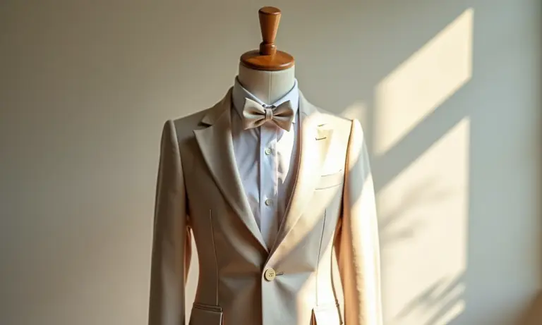 Roupa de pajem elegante em manequim, detalhes em linho.