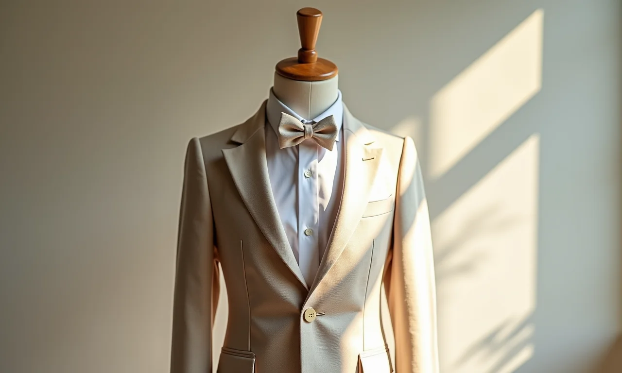 Roupa de pajem elegante em manequim, detalhes em linho.