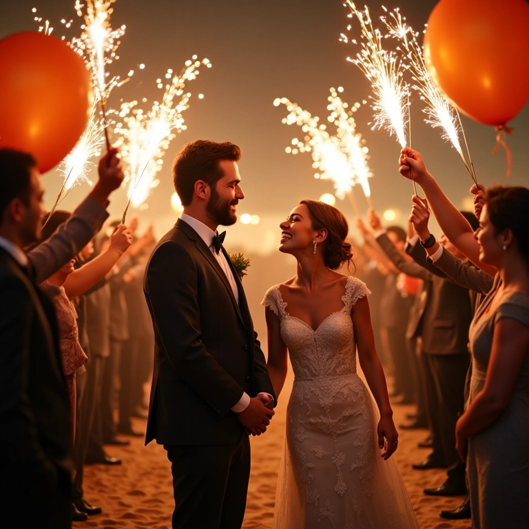 Saída dos noivos com sparkles e balões, noiva e noivo rindo.