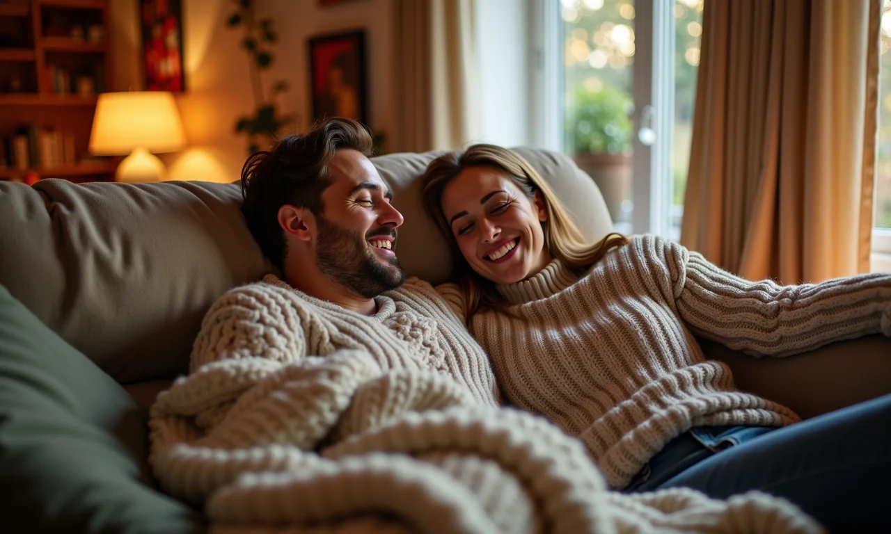 Sala aconchegante com cobertores e almofadas de lã, simbolizando bodas de lã.