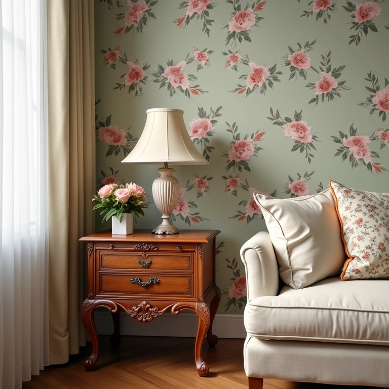 Sala de estar clássica com mesa lateral de madeira e papel de parede floral.