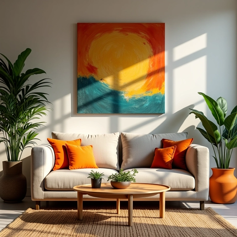 Sala de estar com decoração brasileira vibrante e diversas mesas laterais.