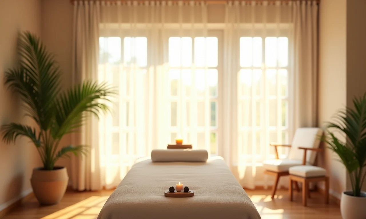 Sala de spa elegante e tranquila, ideal para o dia da noiva.