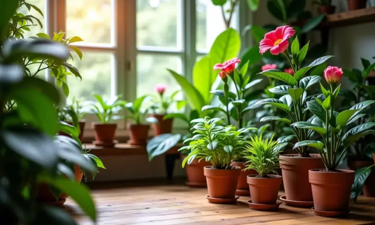 Sala decorada com vasos de flores plantadas, design brasileiro e iluminação natural.