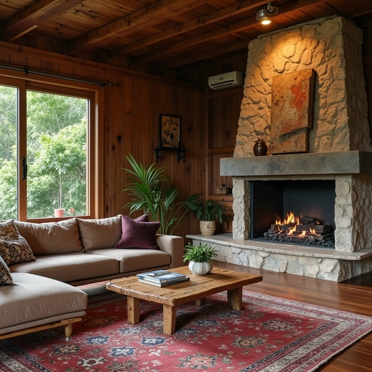 Sala rústica com mesa lateral de madeira e lareira de pedra.
