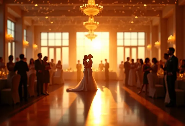 Salão de casamento luxuoso com pista de dança ampla e iluminação dourada.