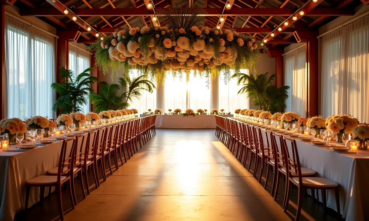 Salão de festa de casamento decorado com flores e iluminação suave.