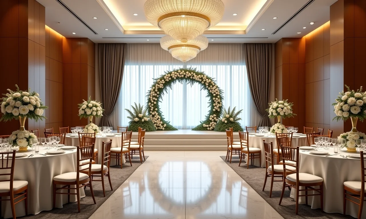 Salão de festas com arranjo aéreo circular.