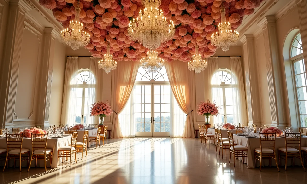 Salão de festas com decoração aérea de flores, lustres e tecidos.