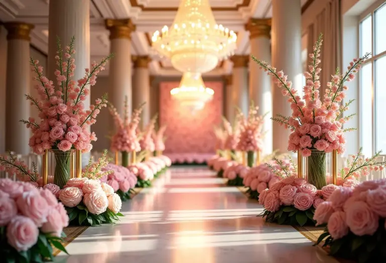 Salão de festas luxuoso com arranjos florais altos